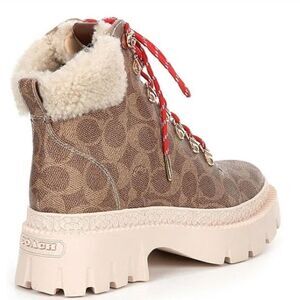 Coach Janel Signature Logo Print Shearling Accent Lug Sole Hiker Booties